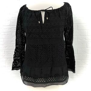 NWT Lauren Ralph Lauren Black Bell Sleeve Eyelet Lace Top Size Petite Small